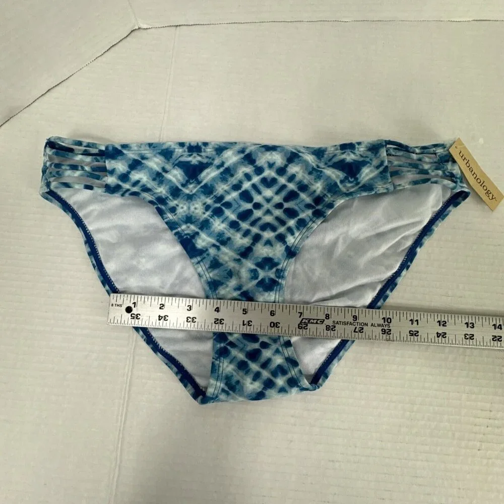 Urbanology Women's L Strappy Side Bikini Swim Bottom Blue White‎ NWT